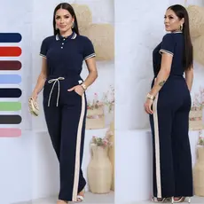 Conjunto Moletinho Feminino Blusa Polo Gola Bordada Verão Casual e Calça Reta Listra Lateral