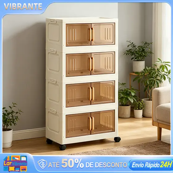 Armário Organizador Multiuso Dobrável com Porta Transparente e Rodinhas – 3/4/5 Andares Empilhável