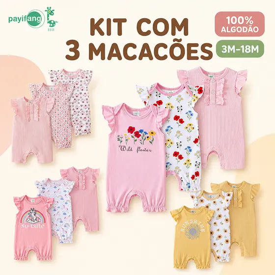 Payifang Kit Macacão Bebê Menina 3 Peças Romper Curto Macaquinho 100% Algodão Floral Roupa de Bebê Menina Verão