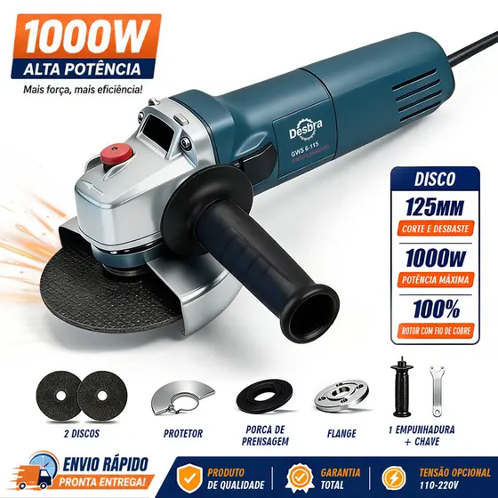 Esmerilhadeira Angular Profissional 800-1000W 125mm Bivolt 110/220V 11000RPM Para Cortar e Lixamento