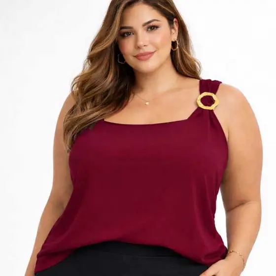 Blusa feminina com argola Estilosa Plus Size Regata Soltinha tecido Duna Roupa Conforto Elegante