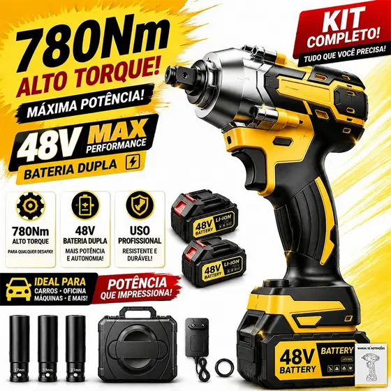 Chave de Impacto Elétrica 48V 780Nm Sem Fio Ultra Potente Profissional Kit Completo Bateria Dupla Carro Oficina Top