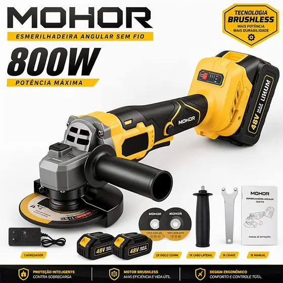 MOHOR Esmerilhadeira Profissional 48V 125mm 5 Polegadas com 2 Baterias e Kit de Acessórios