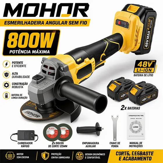 MOHOR Esmerilhadeira Elétrica Sem Fio 48V com Duas Baterias 125mm para Metal e Construção