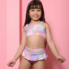 Biquíni Infantil Sereia Menina infantil Com Saia Babadinho Alça Frufru Proteção UV Praia Piscina Verão