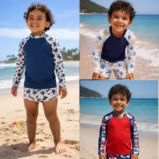 Conjunto Praia Infantil Menino natação piscina – Camisa Manga Longa com proteção UV + Sunga de Banho