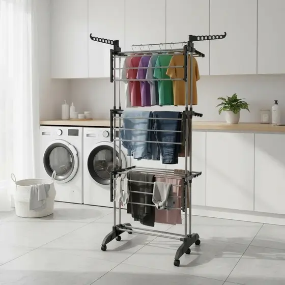 Varal chao dobravel cabideiro ganchos estender roupas camisa calca toalha aluminio apartamento de achadinhoss