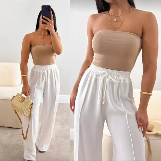 Calça Feminina Pantalona Branco Wide Leg Duna Tendência Casual Conforto Moderna Estilosa Praia Linda