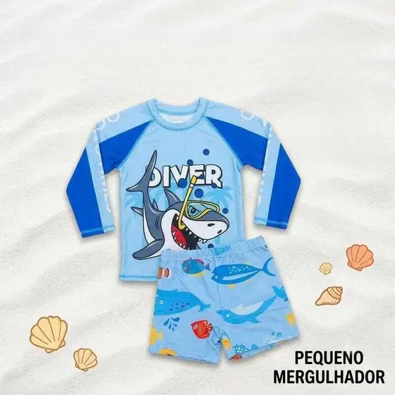Conjunto Natação Infantil Manga Longa com Proteção UV | Roupa de Praia Tubarão