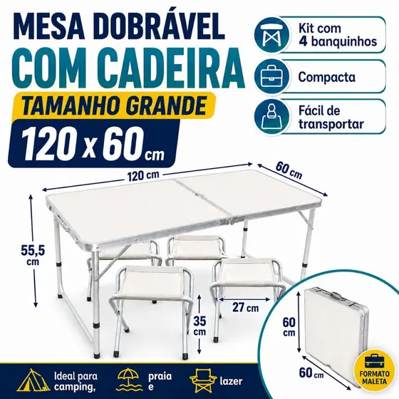 120x60cm Mesa Dobrável COM CADEIRA Portátil Vira Escrivaninhas e Mesas Maleta Camping Praia