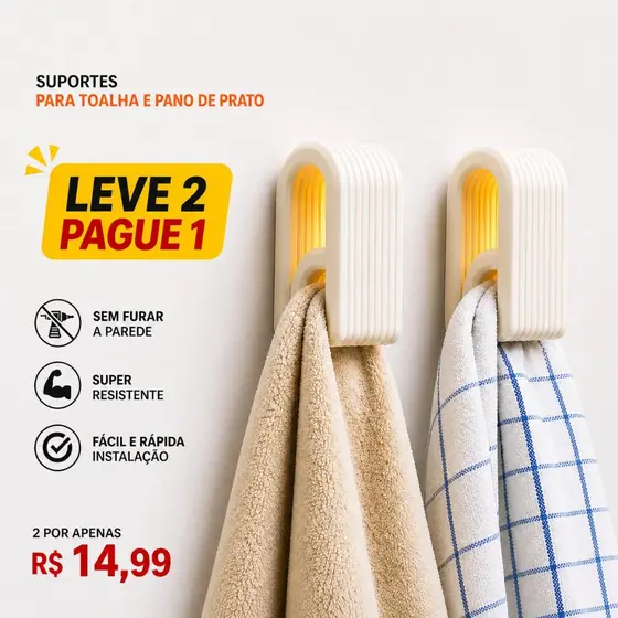 Gancho de Parede Branco Moderno para Toalha e Pano de Prato – Suporte Minimalista Banheiro Cozinha