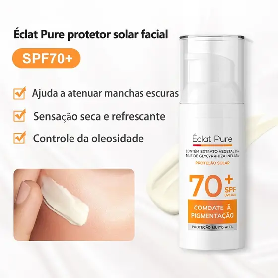 Éclat Pure Protetor Solar Facial FPS 70 Antimanchas Clareador Textura Leve e Rápida Absorção 50ml