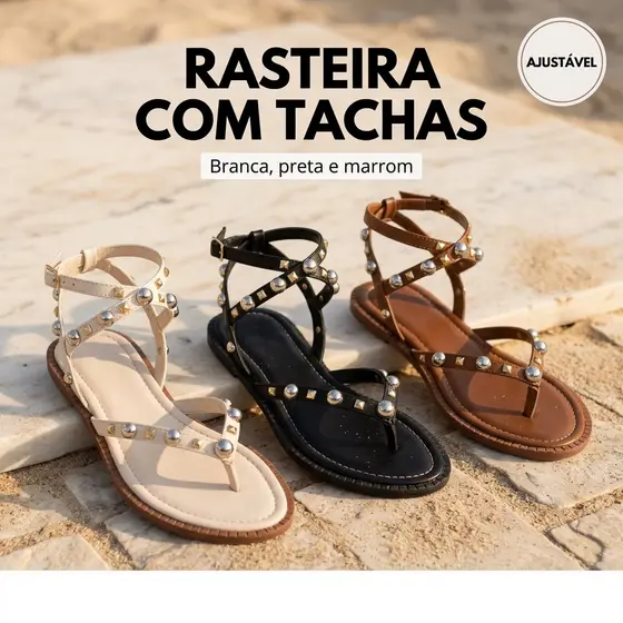 Sandália Rasteira Feminina Gladiadora com Tachas Douradas e Prata  Tira no Tornozelo Estilo Boho