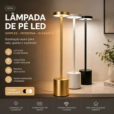 Luminária de Mesa Abajur Cabeceira Escrivaninha LED 3 em 1 Recarregável Tipo C Preto Cromado Dourado