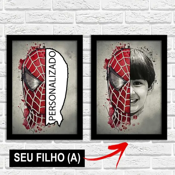 Quadro Personalizado Homem Aranha Foto do Seu Filho Moldura 45x34cm MDF Decorativo Quarto Menino Herói Presente Criança