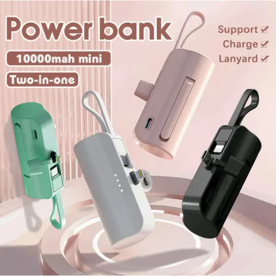 Mini Power Bank 10000mAh para Viagens Recarga Sem Fio e Cabo iPhone e Tipo-C 2em1