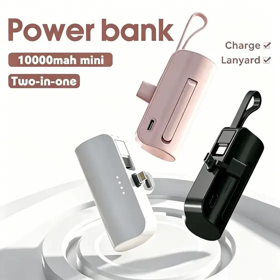Power Bank Mini 10000mAh para Viagens Recarga Sem Fio e Cabo iPhone e Tipo-C 2em1