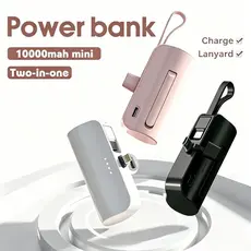 Power Bank Mini 10000mAh para Viagens Recarga Sem Fio e Cabo iPhone e Tipo-C 2em1