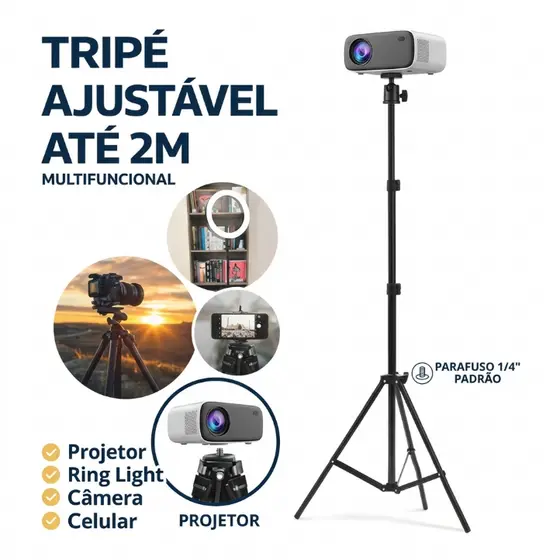 Tripé Ajustável 2m para Iluminação Estúdio Ring Light Câmera Celular Projetor