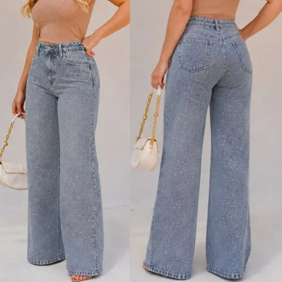 Calça Feminina Wide Leg  GLITER BRILHO Jeans Cos Alto Sem Laycra Elastano 100% Algodão Pantalona