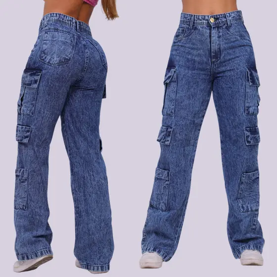Calça Feminina Super Cargo Wide Leg Jeans Cos Alto Sem Laycra Elastano 100% Algodão Pantalona