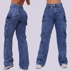 Calça Feminina Super Cargo Wide Leg Jeans Cos Alto Sem Laycra Elastano 100% Algodão Pantalona