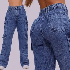 Calça Jeans Feminina 34 a 52 Super Cargo Wide Leg Cos Alto SEM LAYCRA 100% Algodão Pantalona