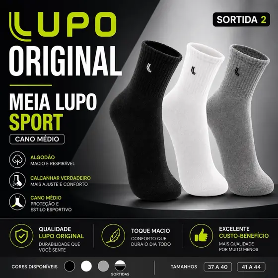 Meia Lupo Sport Cano Médio Original Unissex Masculina Feminina Academia Caminhada Corrida
