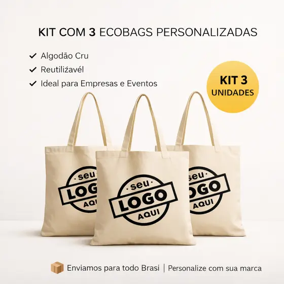 Kit 3 Ecobags Personalizadas com Logo | Bolsas Algodão Cru 33x40cm | Brinde Empresa |