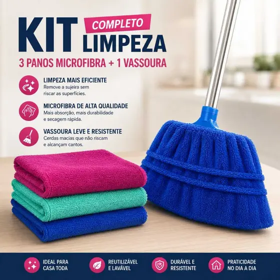 Kit Limpeza Completo 3 Panos Microfibra + Pano Vassoura Multiuso Super Absorvente