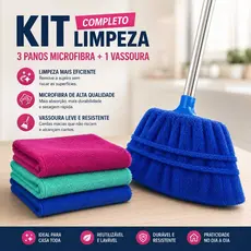 Kit Limpeza Completo 3 Panos Microfibra + Pano Vassoura Multiuso Super Absorvente
