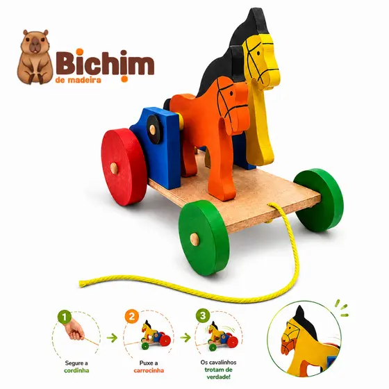 Brinquedo De Puxar Cavalinho Pedagógico Carrocinha Bate Bate Montessori Madeira Educativo Coordenação Motora