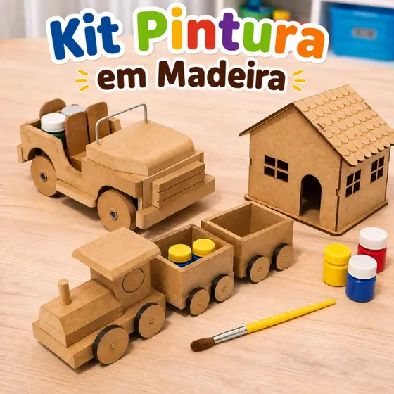 Kit Pintura Infantil Criativo Em Madeira Trenzinho Jeep Casinha 3 Tintas e Pincel Pedagógico Educativo
