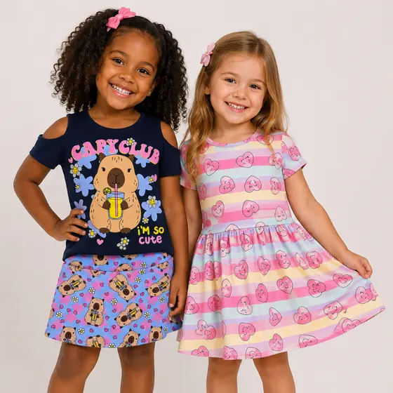 Kit Conjunto Infantil Menina Capivara + Vestido Infantil Menina Coração | Roupa Infantil Menina Verão