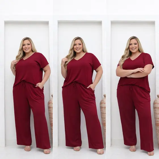 Conjunto Feminino Plus Size Em Malha Blusa Decote V Calça Pantalona