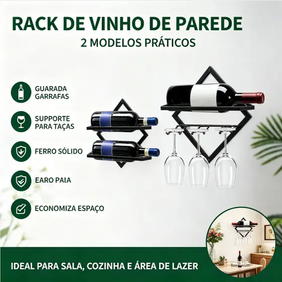 Porta-Vinhos de Parede Dobrável, 2 Garrafas (Sem Taças) / 1 Garrafa + 3 Taças, Ferro Sólido