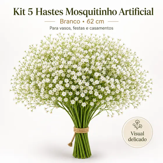 Kit 5 Hastes Mosquitinho Artificial Branco 62cm Gypsophila Decoração Vasos Festas