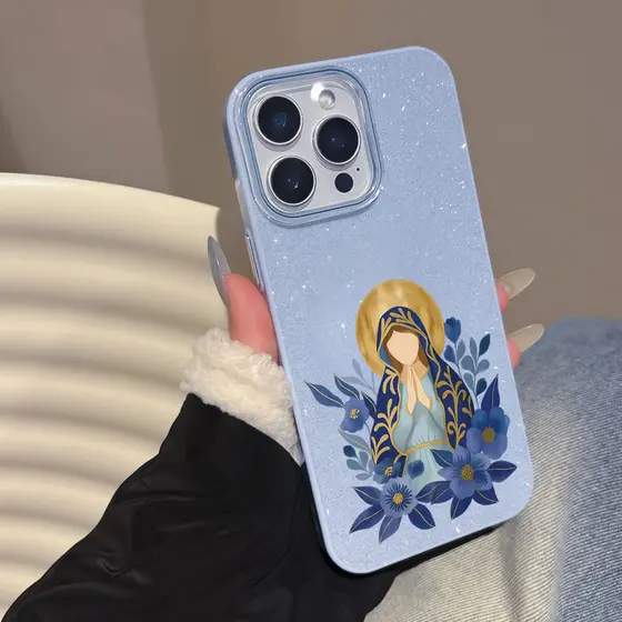 Azul Nossa Senhora Capinha Para IPhone 11 13 15 14 17 16 12 XR Normal Pro Max Luxuoso Fino Glitter Caso