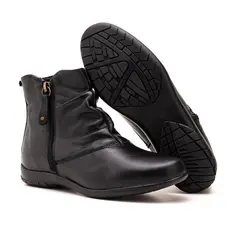Bota Botinha Feminina em couro conforto Cano Curto Sem Salto Moda Inverno Fechamento em zíper