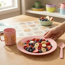 Kit Refeição Infantil Plástico Caneca 450ml Prato Colher Escola Festa Criança Decorado Introdução Alimentar