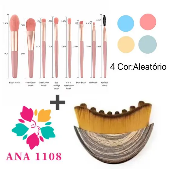 Kit 1 escova macia para massagem facial e mini8 pincéis de maquiagem profissionais