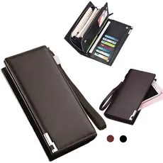 carteira masculina nova, couro PU, grande capacidade para celular e cartões, design moderno, fecho em zíper e abertura