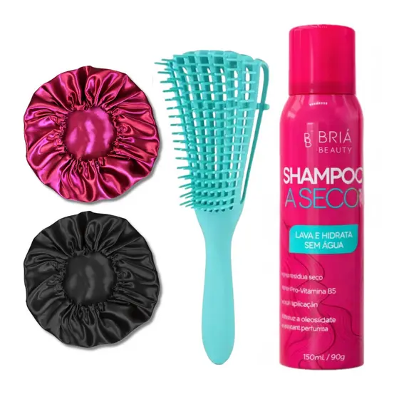 Kit Capilar Completo Shampoo A Seco + Escova De Cabelo + Toucas De Cetim Antifizz Antioleosidade