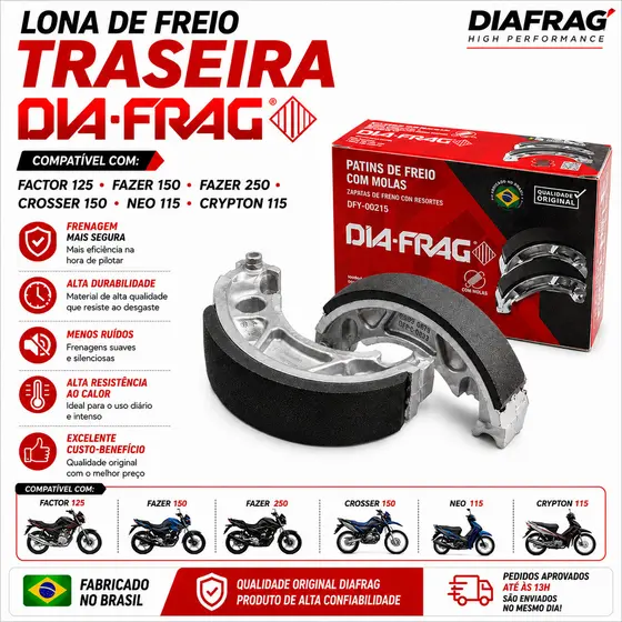 Lona Freio Traseira Moto Yamaha Factor 125 150 Fazer 150 250 YBR 125  Crosser Crypton 115 Neo 115 Diafrag