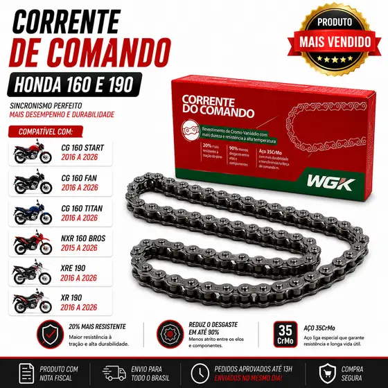 Corrente De Comando WGK Honda CG 160 Fan Titan Start Bros 160 XRE 190 Alta Resistência Original Aço 35CrMo