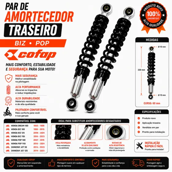 Par Amortecedor Traseiro Cofap Moto Honda Biz 125 Biz 100 Biz 110i Pop 100 Pop 110i Dream 100 Reforçado Cofap Original