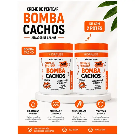Creme de Pentear SOS Bomba Mascara 2 em 1 - Cacheados e crespos - Hidralize 1kg. Desembaraça, Ativa os cachos, Domina.