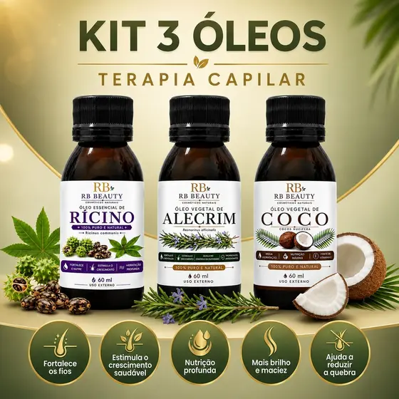 Terapia Capilar 3 ÓLEOS -  Óleo de Coco + Ricino + Alecrim 60ml Tratamento Capilar