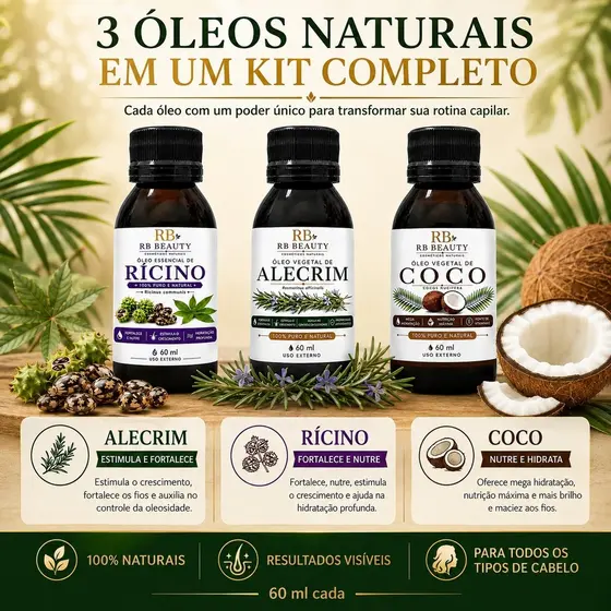 Kit Terapia Capilar 3 Óleos Coco + Rícino + Alecrim 60ml Nutrição Hidratação Fortalecimento