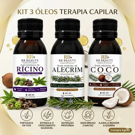 Kit Terapia Capilar Misturinha Óleo de Coco + Rícino + Alecrim 60ml Nutrição Reparação Crescimento